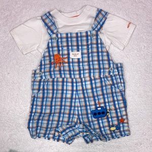 Oshkosh blue plaid nautical shortalls set octopus submarine fish 3/6m